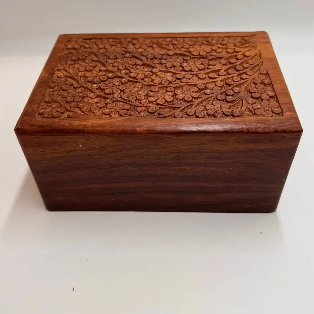 Carved Wood Floral Keepsake Box Sliding Lid Jewelry Trinket Storage 7.25 Inch